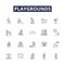 Playgrounds line vector icons and signs. playground, play, swings, slides, sandbox, games, equipment, fun outline vector