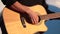 Playing On The Acoustic Guitar. Musical Instrument With Guitarist Hands. Musician In Night Club.
