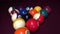 Playing American billiard poule close-up. Billiard balls with numbers on a pool table. Billiards team sport.