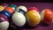 Playing American billiard poule close-up. Billiard balls with numbers on a pool table. Billiards team sport.