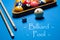 Playing billiard. Billiards balls and cue on billiards table. Bi