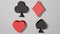 Playing card suit, animated 3d card pips, red heart, red diamond, black club, black spade. Card symbols moving, rotating