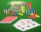 Playing cards, casino chips and bundle of money on a green gambling table. Blackjack, card deck and cash winnings.