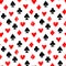 Playing cards different suits - hearts, diamonds, spades and clubs - grunge seamless pattern, vector
