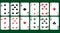 Playing cards of four suits on a green background, 3, 7, Ace