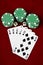 Playing cards (Royal flush), casino chips and dices