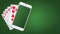 Playing cards and smartphone on a green background. Online poker concept.Online Casino. copy space. Top view. Gambling.