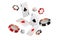 Playing casino card chips and dice flying background