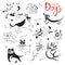 Playing dogs. Funny lap-dog, happy pug, mongrels and other breeds. Set of isolated vector drawings for design