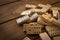 Playing dominoes on a wooden table. Leisure games concept. Domino effect