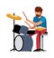 Playing drummer. Professional young man plays musical drums vector cartoon character
