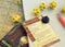 Playing Dungeons and dragons rpg game: dices, character cards, map.