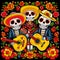 Playing guitars colorful skeletons in Mexican hats around flowers on black background. For the day of the dead and Halloween