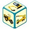 Playing isometric dice with machinery, truck, excavator, toy.
