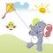 Playing kite at summer with elephant cartoon and little bird