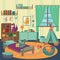 Playing room for boy with dragon toys, cozy kids interior with cute toys and furniture vector Illustration