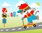 Playing scooter in the road with little animals, vector cartoon illustration