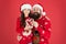 Playing together. Santa claus family look. Bearded dad and little girl. Christmas games. Joy and happiness. Christmas