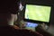 Playing video games with laptop. Young man plays online soccer