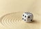 Playing white dice on yellow sand - art miniature