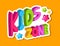 Playroom logo. Kids zone 3d lettering, banner for baby playing area with colorful letters and stars vector illustration