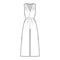 Playsuit romper overall jumpsuit technical fashion illustration with full length, normal waist, high rise, single pleat