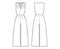 Playsuit romper overall jumpsuit technical fashion illustration with full length, normal waist, high rise, single pleat