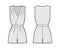 Playsuit romper overall jumpsuit technical fashion illustration with mini length, normal waist, high rise, pockets
