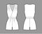 Playsuit romper overall jumpsuit technical fashion illustration with mini length, normal waist, high rise, pockets