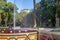 Plaza Chile Square fountain with red water like wine - Mendoza, Argentina