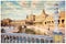 Plaza de Espana Spain square in Seville Andalusia, collage on vintage postcard background