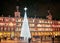 Plaza Mayor square illuminated by a shinny christmas tree. Madrid, Spain