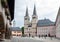 Plaza Schlossplatz downtown Berchtesgaden with church, Germany