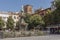 The Plaza Square Bib Rambla, also called Plaza de las Flores Square of Flowers,  with the Gigantones Fountain. Granada, Spain.