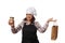 Pleasant female barkeeper holding takeaway hot drink in disposable cardboard mug and recyclable paper bag. Food delivery