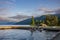 The pleasant fjord town of Balestrand, located on Sognefjord, is a small tourist town, pictured here at sunset