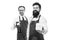 Pleasant gift sweetheart. Surprise her. Prepare surprise dinner. Household service. Men bearded hipster apron hold gift