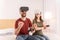 Pleasant nice couple completing race in VR glasses