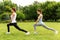 Pleasant slim women doing sport exercises