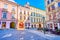 The pleasant stroll along historic neighborhood observing old facades with numerous cafes and shops, on March 10 in Brno, Czech