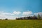 Pleasant sunny summer landscape: old blue sky and clouds, green grass, yellow dandelion flowers on a meadow and old historical