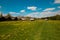 Pleasant sunny summer landscape: old blue sky and clouds, green grass, yellow dandelion flowers on a meadow and old historical