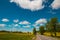 Pleasant sunny summer landscape: old blue sky and clouds, green grass, yellow dandelion rapeseed flowers on a meadow and a highway