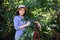 Pleasant woman, farmer agriculturist harvesting cherries in an organic orchard. Agriculture. Horticulture. Agribusiness.