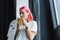 pleased businesswoman with pink hair and