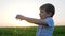 Pleased child washes hands in nature on background of green field and pink sky in summer sunset