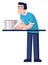 Pleased man preparing soup in pot semi flat RGB color vector illustration