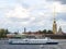 Pleasure boat on the Neva river opposite the Peter and Paul fortress