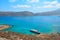 A pleasure boat in a picturesque bay on the Mediterranean Sea, top view. Bay Balos near the Greek island Gramvous.