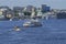 Pleasure boats riding tourists on the Dnipro river